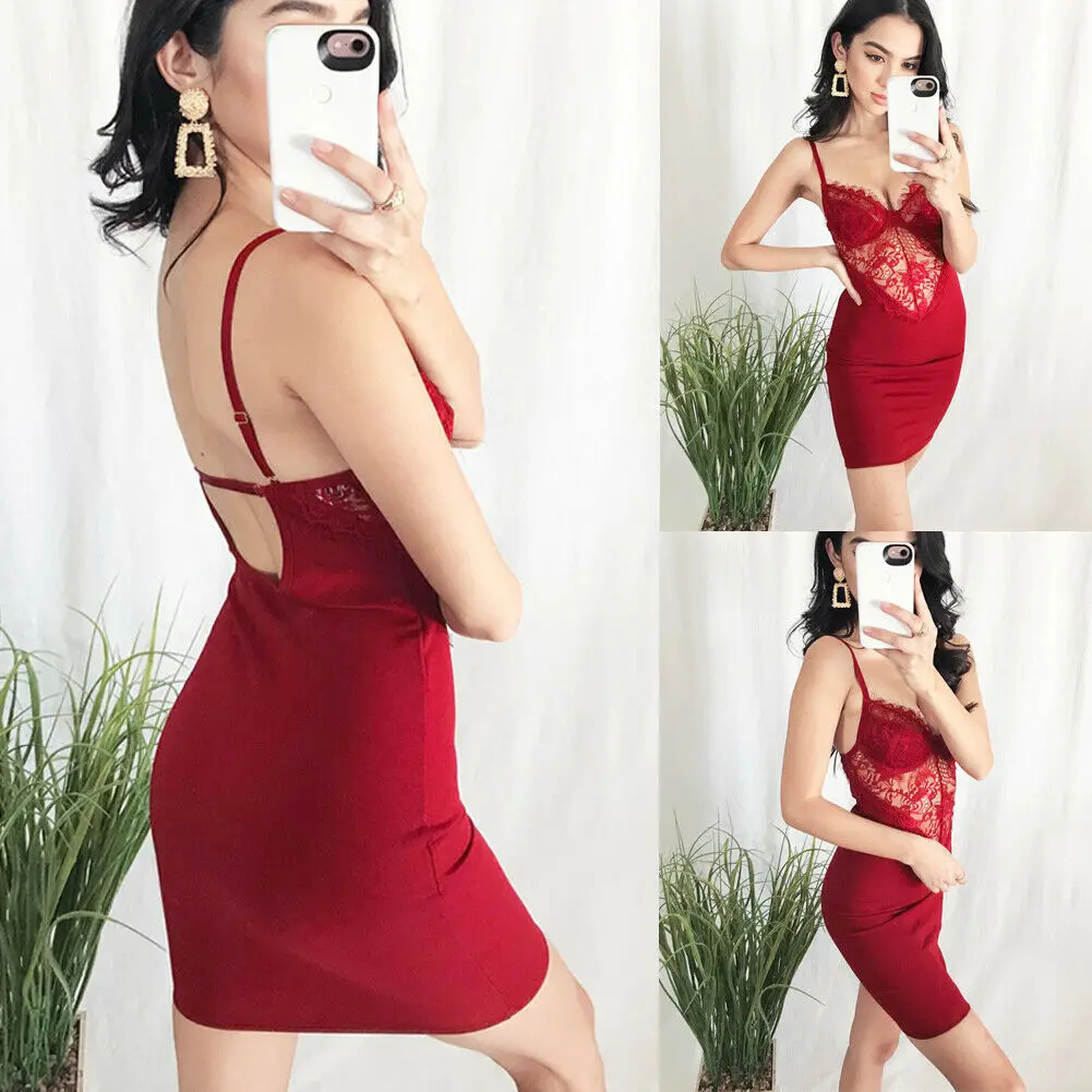 

Women Lace Bodycon Backless Basic Dresses Summer Strappy Sleeveless Short Mini Dress Sexy Skinny Stretcht Pencil Dress Red