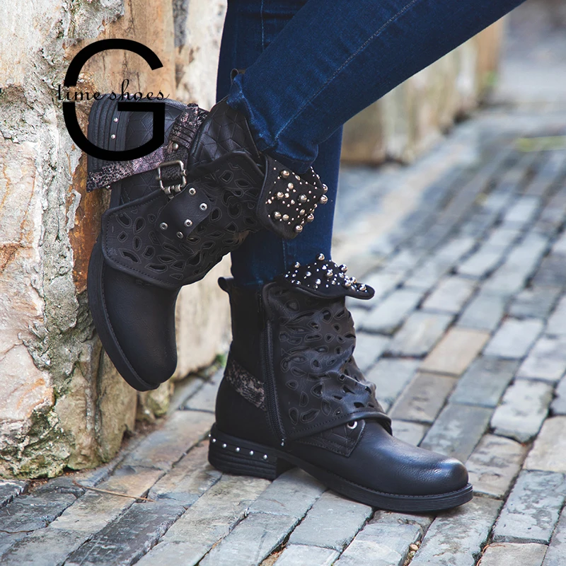 

Gtime Boots Women PU Leather Ankle Boots Western Style Velvet String Bead Hollow Zipper Med Heel Platform Winter Boots SE601