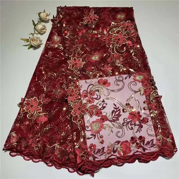 

2019 New style French net lace fabric 3D flower African tulle mesh lace fabric high quality nigerian lace fabrics red (TS-4-19