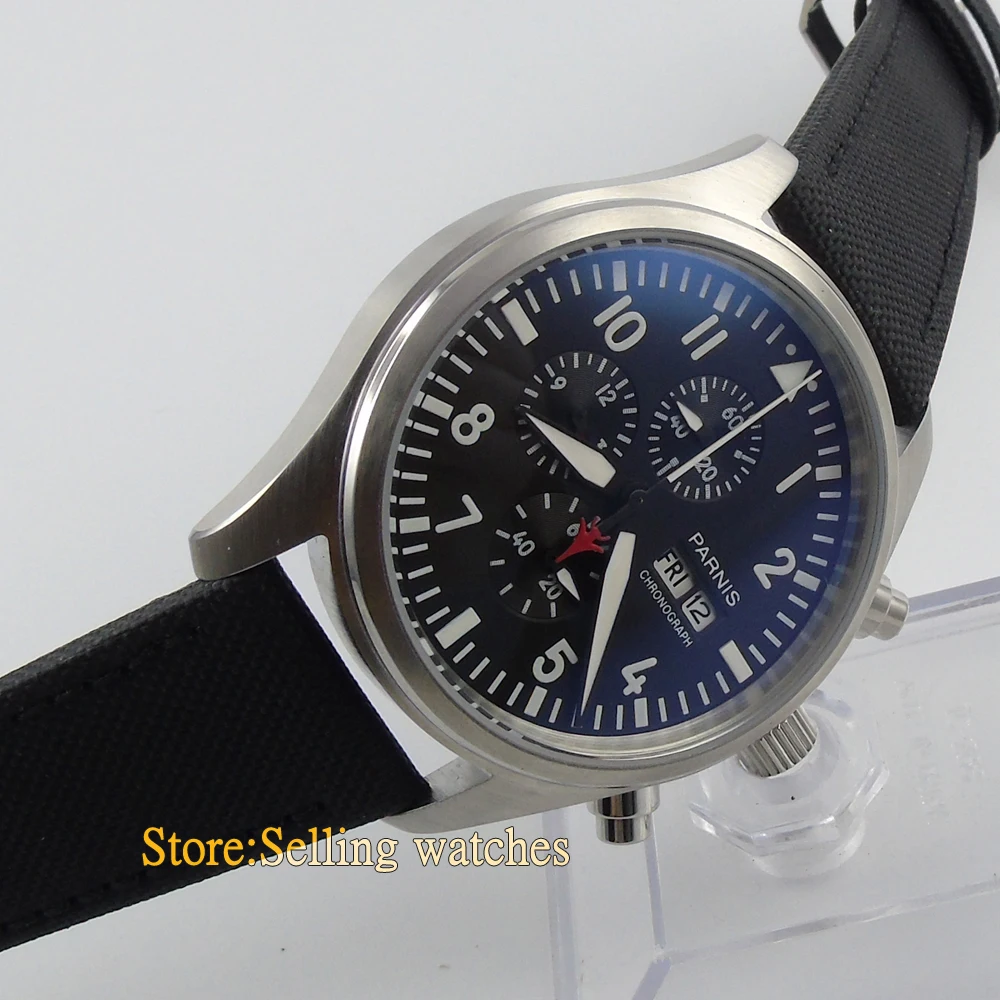 Parnis 42 мм черный циферблат с датой недели светящийся полный хронограф кварцевые мужские часы