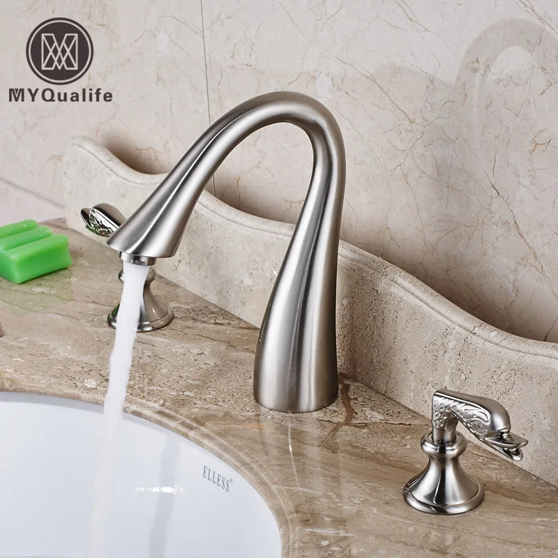 Goose Neck Bathroom Brushed Basin Sink Faucet Dual Handles Widespread