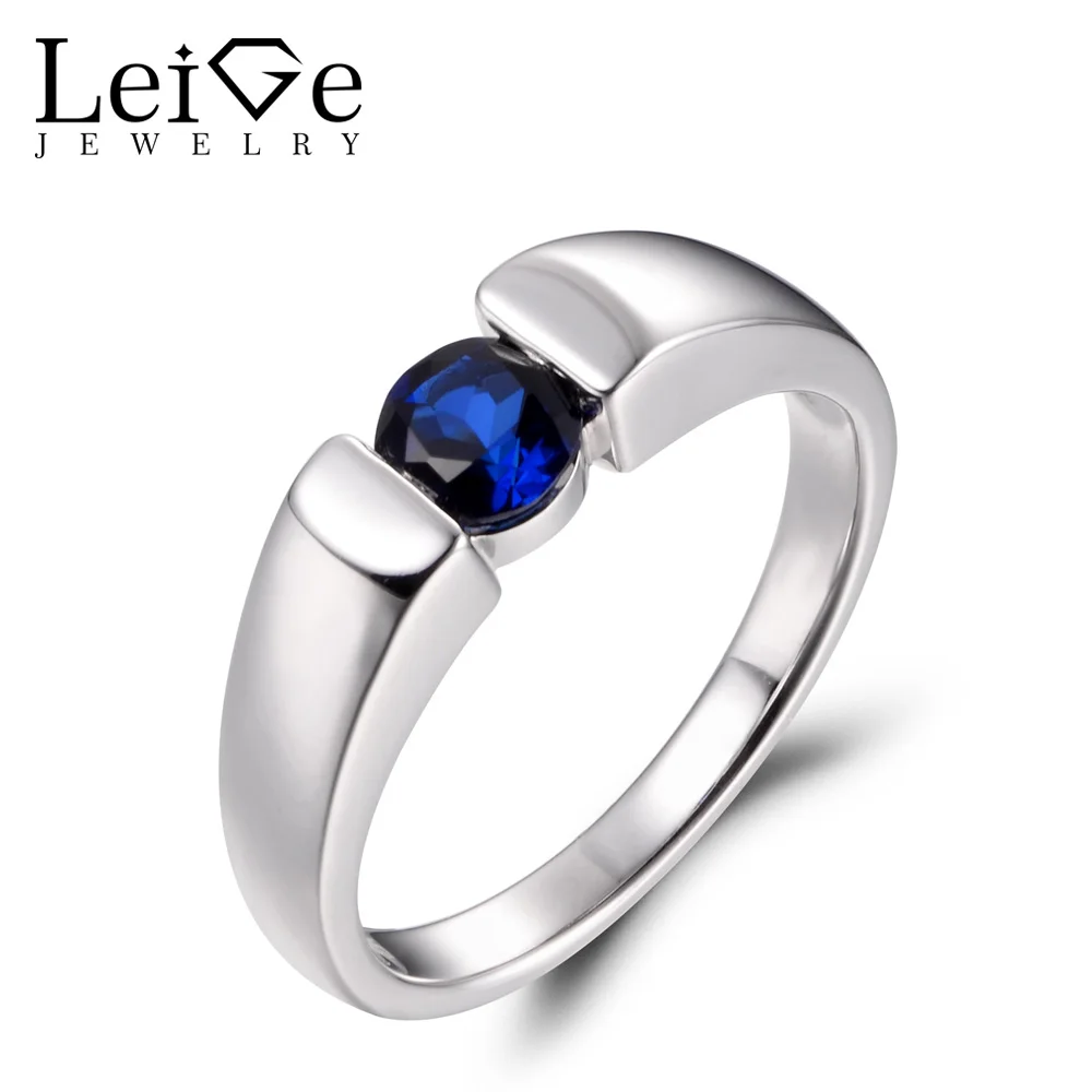 LeiGe Jewelry Blue Sapphire Promise Rings September Birthstone Round
