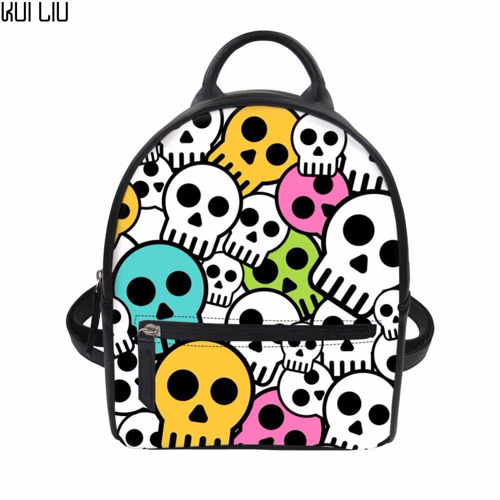 Customized Animal Skull Printing Backpack Leather Schoolbag Teenager