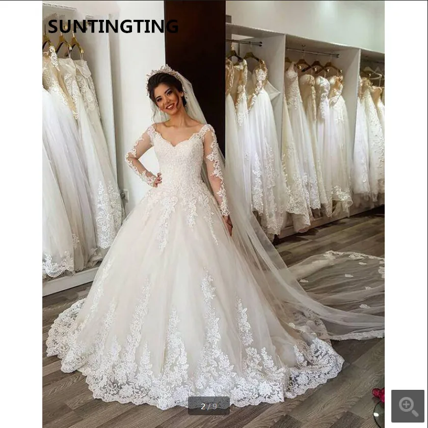

Robe de mariee Romantic Wedding Dresses 2019 Ball Gown Long Sleeve Lace Appliques Tulle Wedding Gowns Ivory Bride Dress