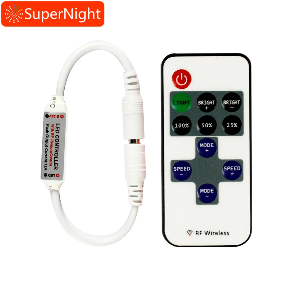 

Mini Single Color LED Controller Dimmer DC5V-24V Adjustable Speed 11 Keys RF Remote Controller for Single Color LED Strip Lights
