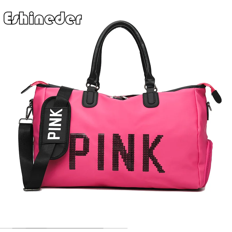 

ESHINEDER Large Capacity Travel Bags Crossbody handbag Waterproof Shoulder Bag Totes Sequin PINK Letters Luggage Duffle Bags