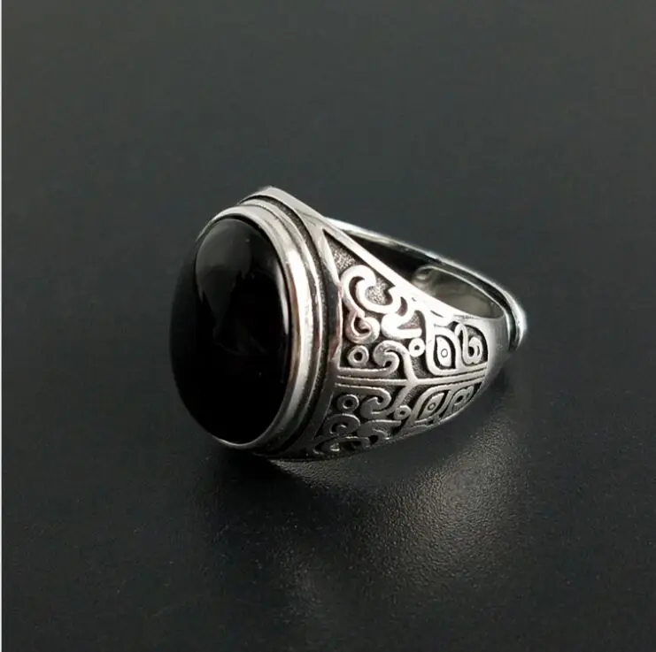Настоящее кольцо из стерлингового серебра S925 пробы, Винтажное кольцо из натурального черного камня, мужское модное кольцо