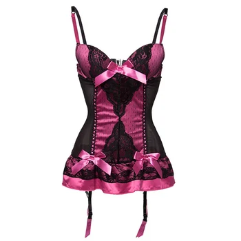 

Rose Red Satin & Black Floral Lace Strap Push Up Corset Sexy Lingerie Hot Erotic Underwear Women Bustier Top Sleepwear Nightwear