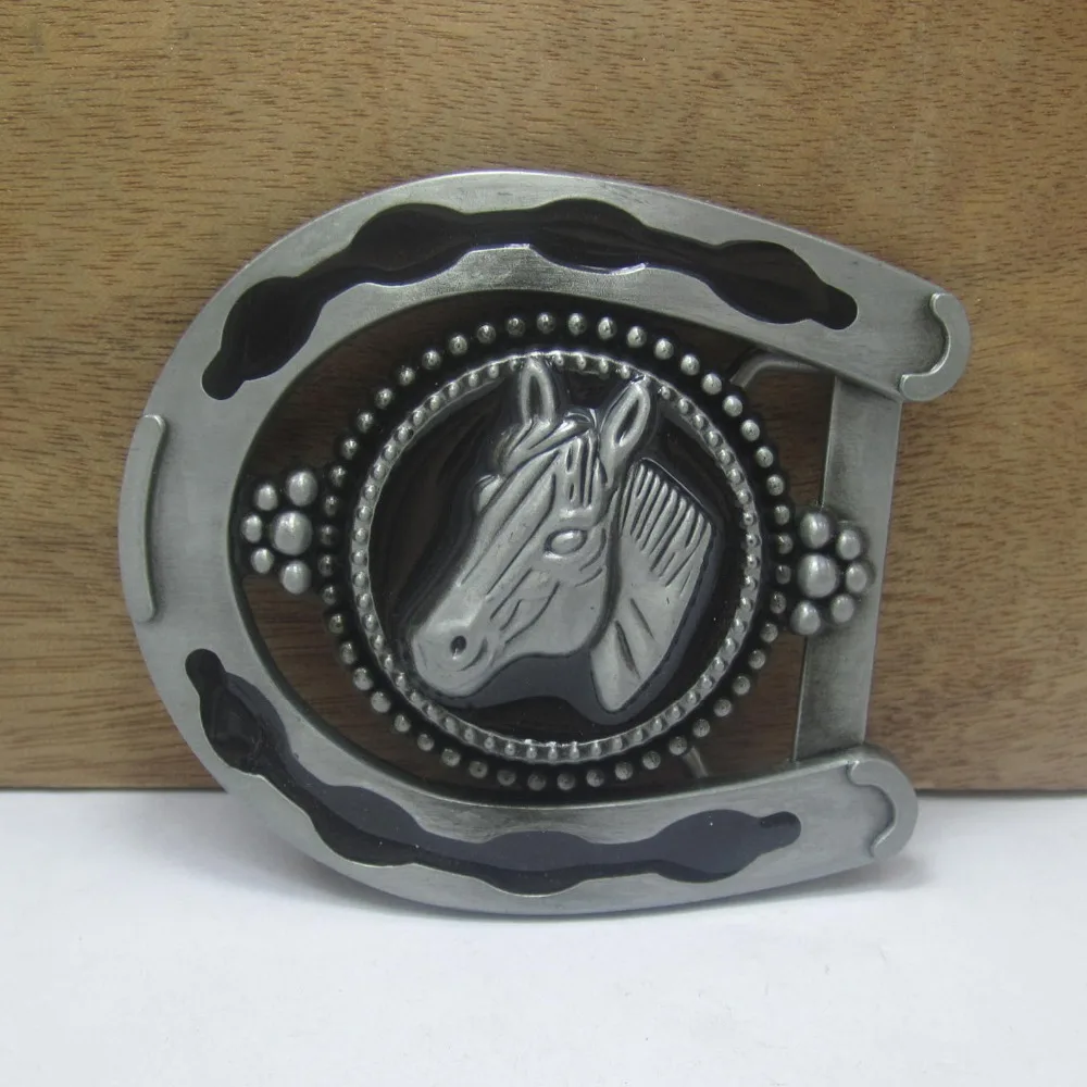 

BuckleClub wholesale retro HORSE HEAD horse shoe western jeans gift belt buckle FP-02049-3 PEWTER FINISH for men