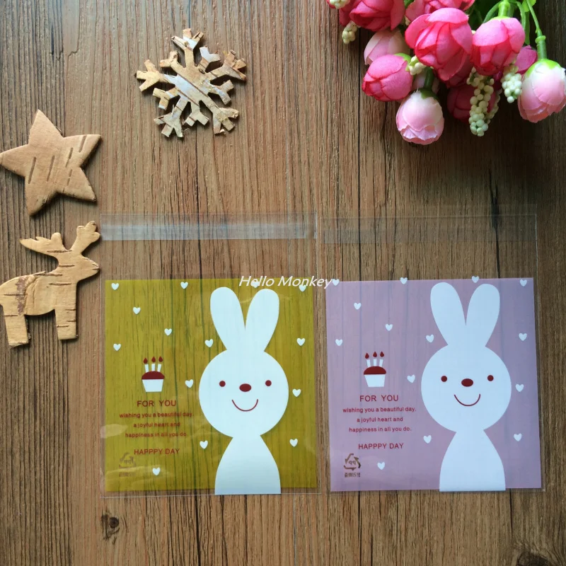 

Wedding Gift Bag 50pcs/lot Smiling Rabbit Pattern Cookie Packaging Bags Self-adhesive Plastic Bags for Biscuits 10cm*10cm