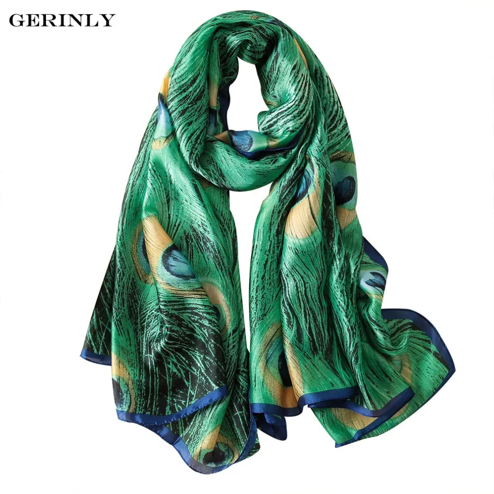 Luxury Brand Scarf Women Green Silk Shawl Peacock Feather Print Scarves