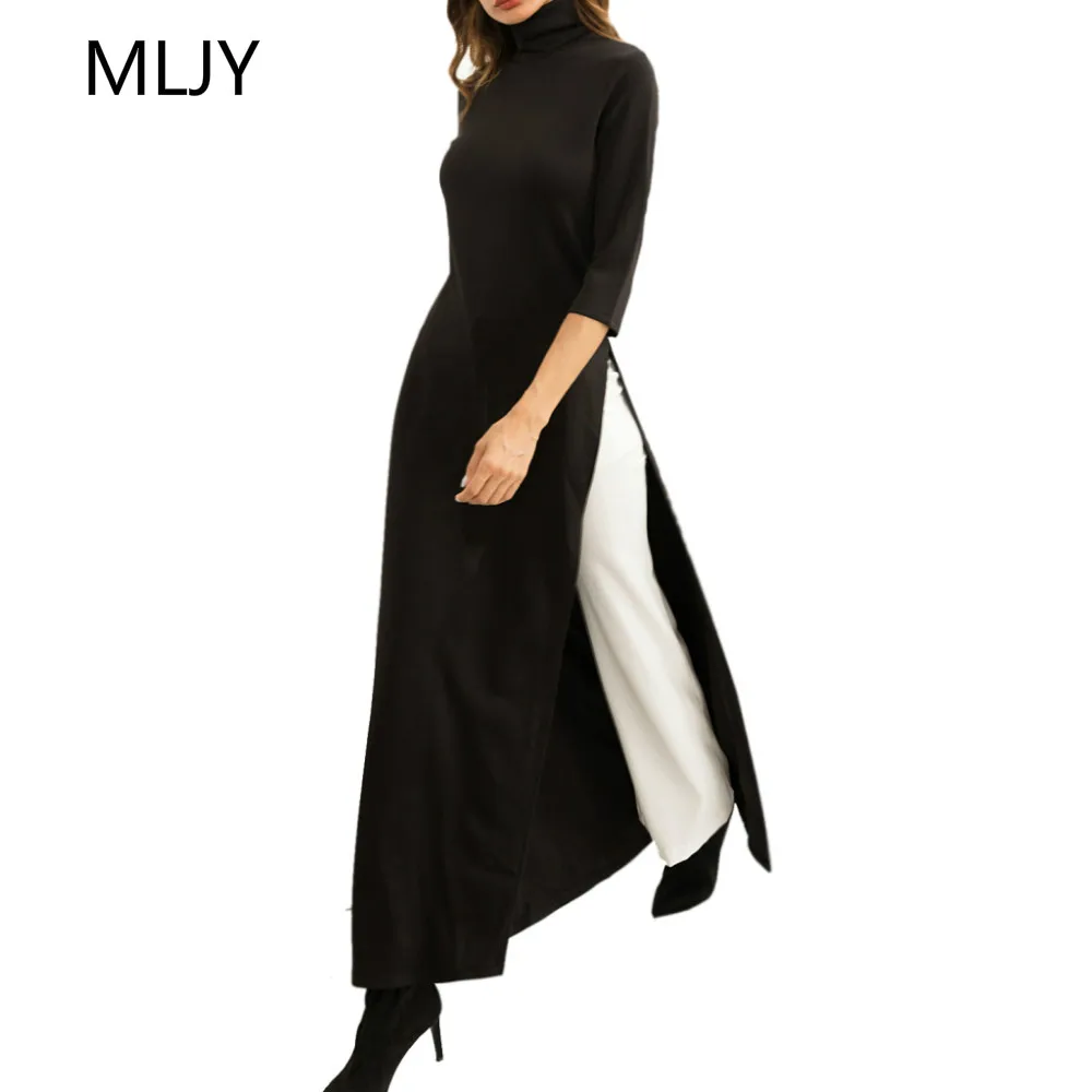 Новинка, женское модное повседневное приталенное платье-рубашка с высоким воротником и разрезом, осень, длинное платье с разрезом