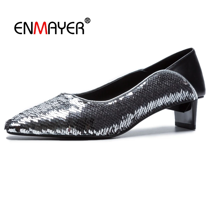 Enmayer 2020 Women Fashion Low Heel Pumps Sequined Cloth Pointed Toe Zapatos De Mujer Moda Vestir Size 34-39 LY442 | Обувь