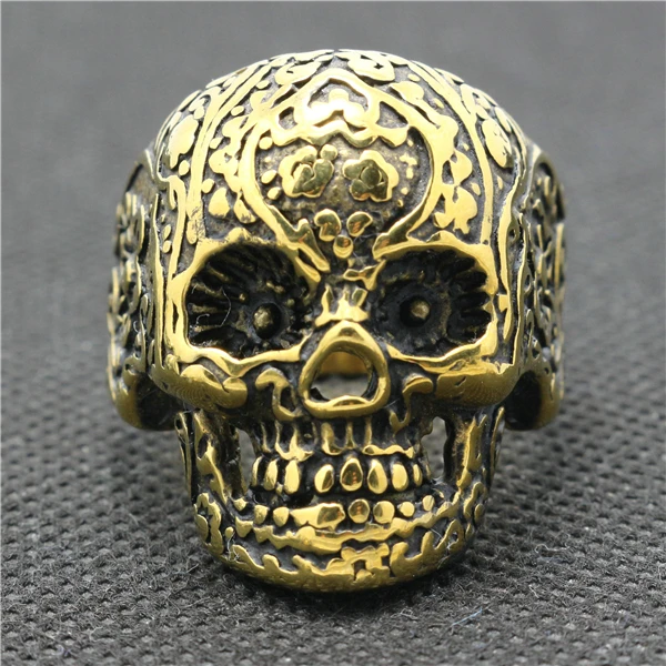 

316L Stainless Steel Cool Punk Gothic Golden Skull Silver Flower Ring