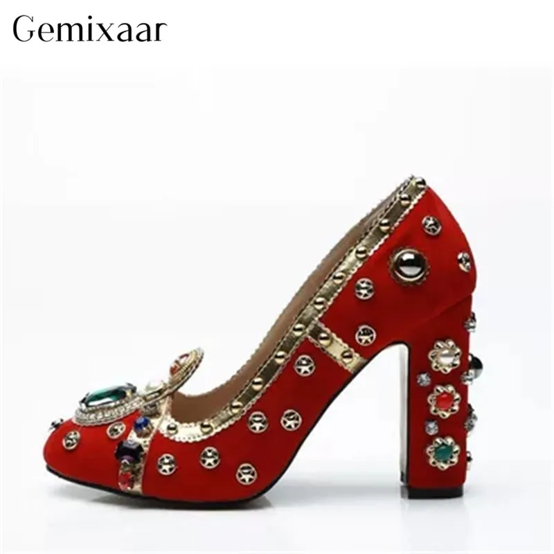 

Spring Luxury Rhinestone Party Shoes Round Toe Square Chunky High Heels Woman Pumps Decor Multicolored Crystal Zapatos Mujer