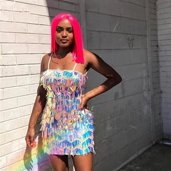 

Gradient Color Sequins Mesh Patchwork Hollow Out Dresses Spaghetti Strap Zipper Backless Mini Dress Rave Festival Clubwear New