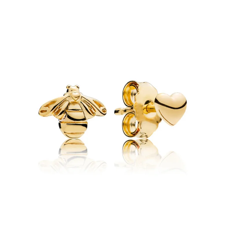 

Authentic 925 Sterling Silver Earring Golden Bee And Heart Studs Earrings For Women Wedding Party Gift Fine Diy Jewelry