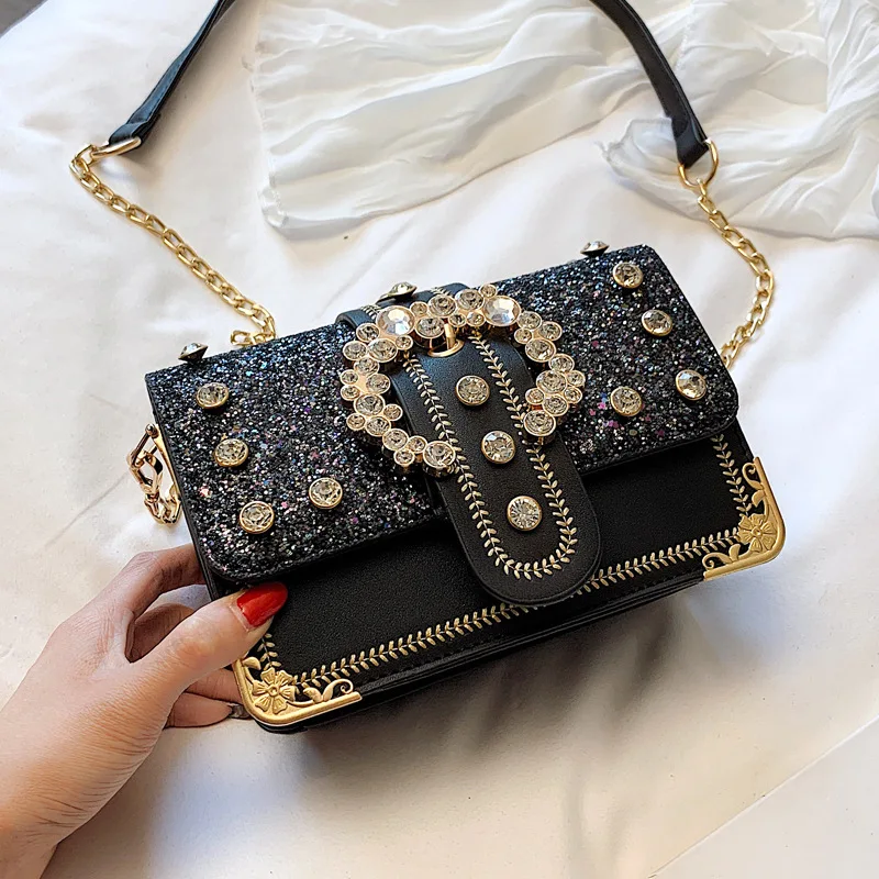 

The sequins fashion small square bag 2019 new tidal Korean version of oblique bag chain single-shoulder bag