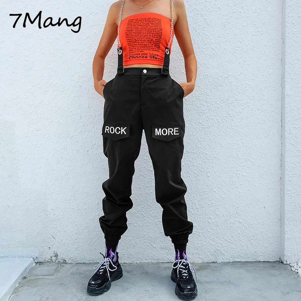 7Mang 2018 Black Cargo Womens Pants Streetwear Black Casual Sweatpants High Waist Loose Letter Print Chain Joggers trousers 1205