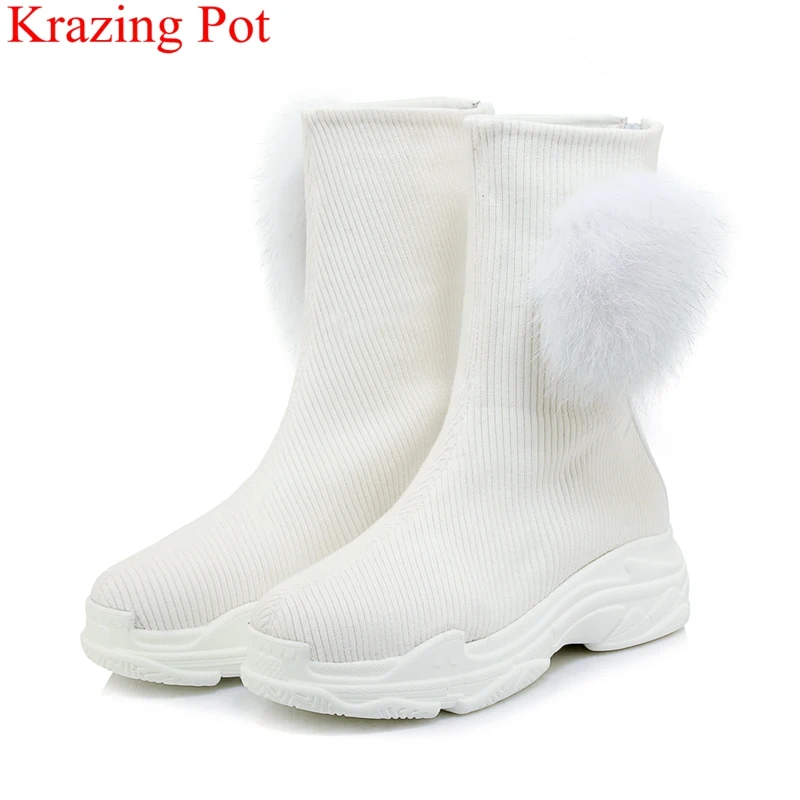 

2018 fashion flock zipper platform round toe thick bottom women mid-calf boots casual vacation increasing warm winter shoes L22
