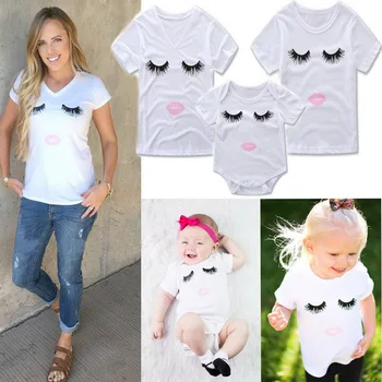 

DHL 200pcs Mom and Daughter Matching Clothes Women Mother&Kids Summer Short Sleeve Eyelash Bodysuit T Shirts Clothes