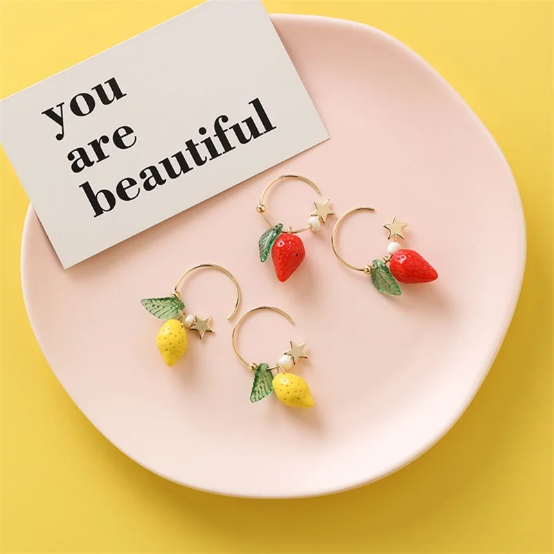 

Korean fashion small stars lemon strawberry earrings sweet personality short fruit earrings Women summer Jewelry Accessories