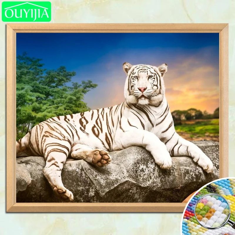 OUYIJIA White Tiger Lying On The Stone 5D DIY Diamond Painting Full Square Embroidery Rhinestones Mosaic | Дом и сад