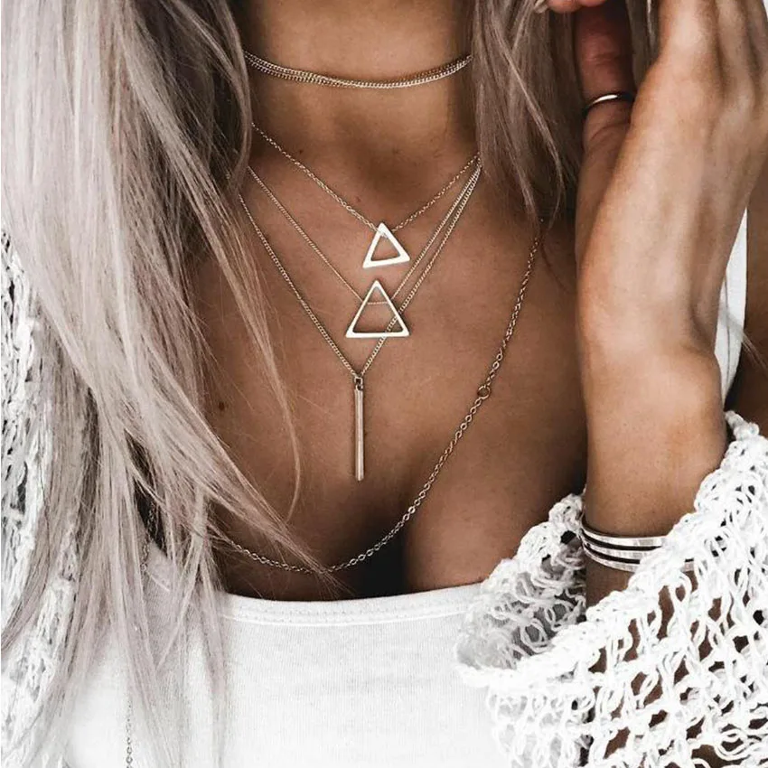 

Silver Chain Multi layer Bar Choker Necklace For Women Triangle Chocker Necklaces Pendants colar Collares collier femme kolye