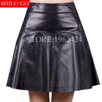 

Spring fashion new women high quality genuine sheep skin lotus leaf edge A put black umbrella A-Line mini skirt 5XL