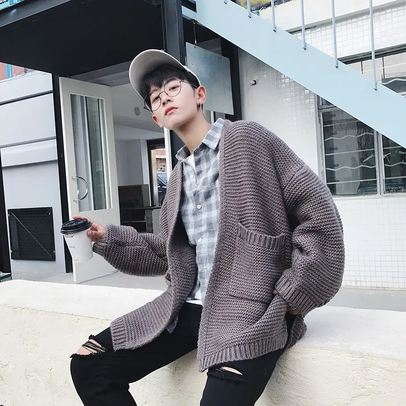 Модный негабаритный мужской вязаный свитер, опрятная верхняя одежда для мальчиков, пальто, свободный крой, индивидуальный повседневный мужской кардиган, Jaqueta Masculino - Цвет: grey