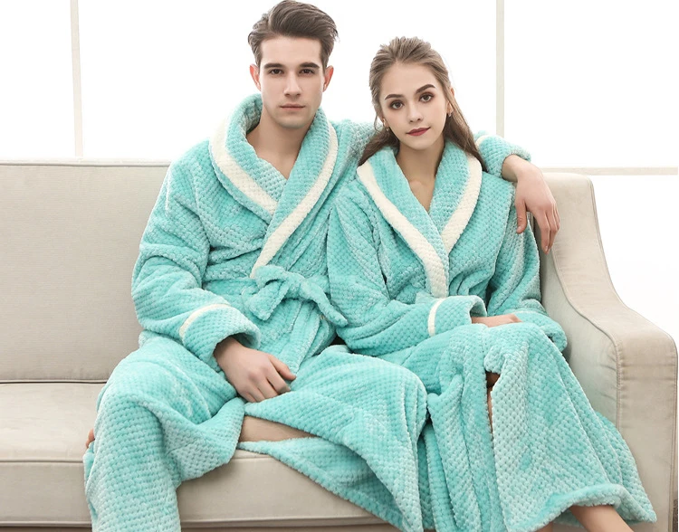 Queenral Men/Women Winter Thermal Long Bathrobe Lovers Thick Warm Robe Plus Size M XL XXL Nightgowns Dressing Gowns Home Clothes