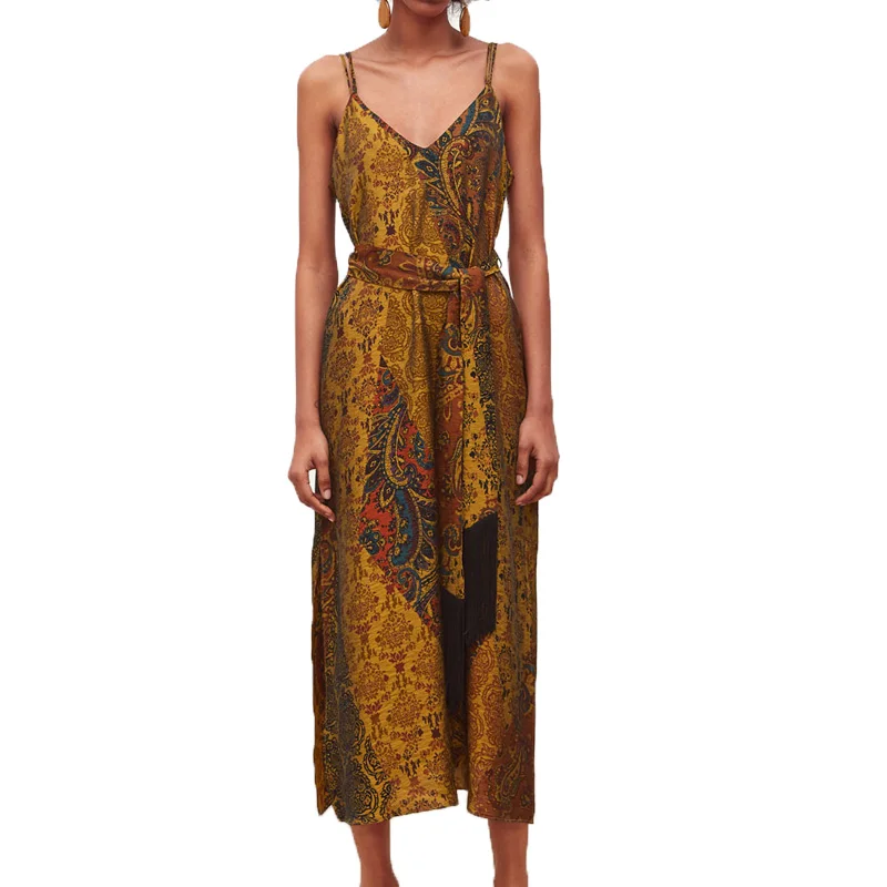 

Summer dress 2019 casual lace-up womens clothing off shoulder dress printing long dress women sling sexy dress