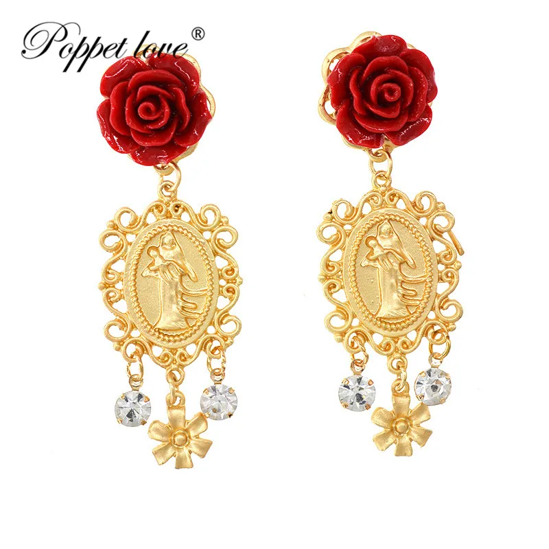 Vintage Red Rose Drop Earrings For Women Rose Gold Color Statement Dangle Earrings With Crystal Rhinestone Wedding Jewelry