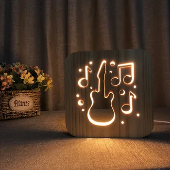 

Guitar Shape 3D Wooden Lamp Hollowed-out LED Night Light Warm White Desk Lamp USB Power Supply as Friend's Gift