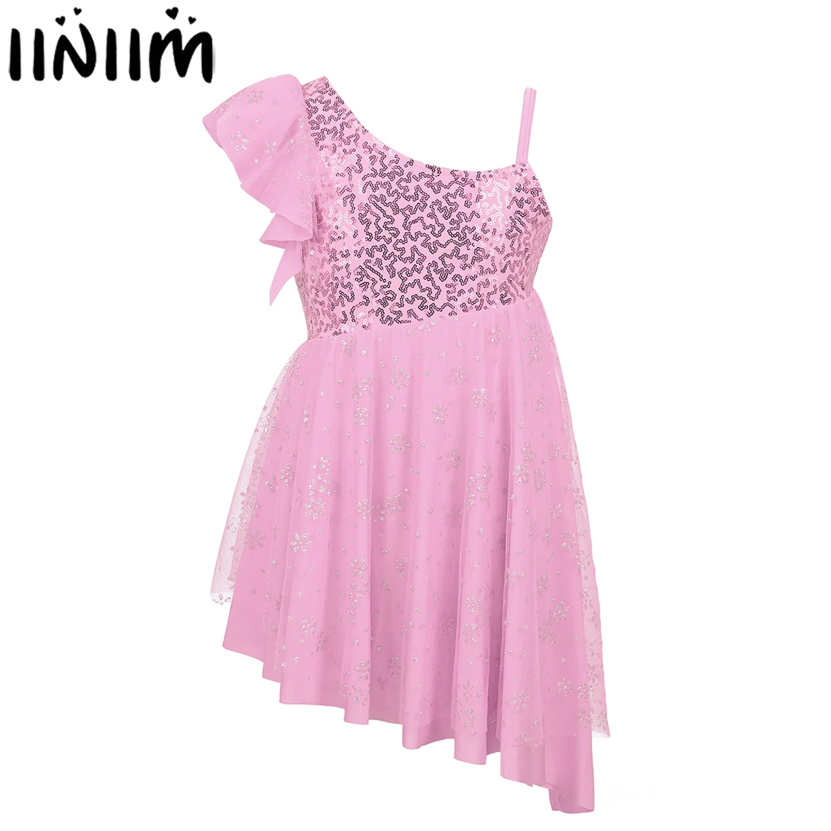 

iiniim Kids Girls One-Shoulder Ballerina Tutu Costumes Glittery Sequins Irregular Hem Ballet Dance Gymnastics Leotard Dress