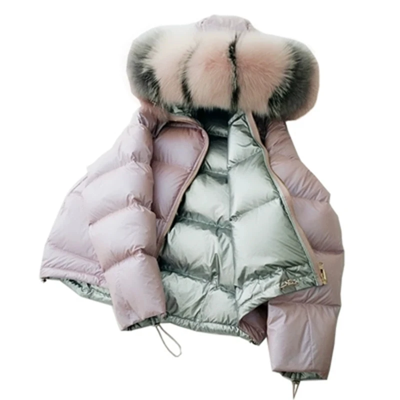 

Fashion Double Side Wear Down Jackets Big Fox Fur Collar Hooded Down Coat 90% White Duck Down Parkas Outwears YP2152