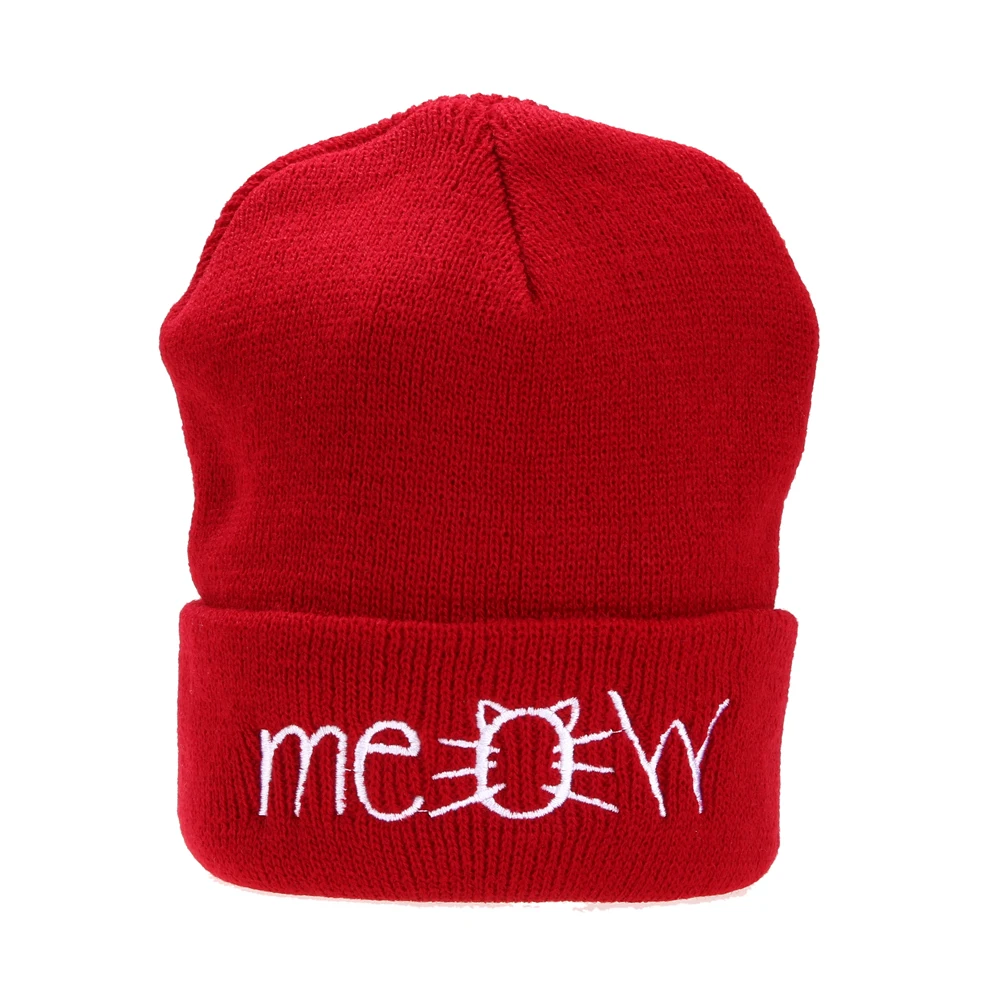 Осенняя шапка мяу для мужчин и женщин Повседневная Хип-хоп вязаные шерстяные шапки шапочки шапка теплая зимняя женская шапка шапочка зимняя шапка s - Цвет: Красный