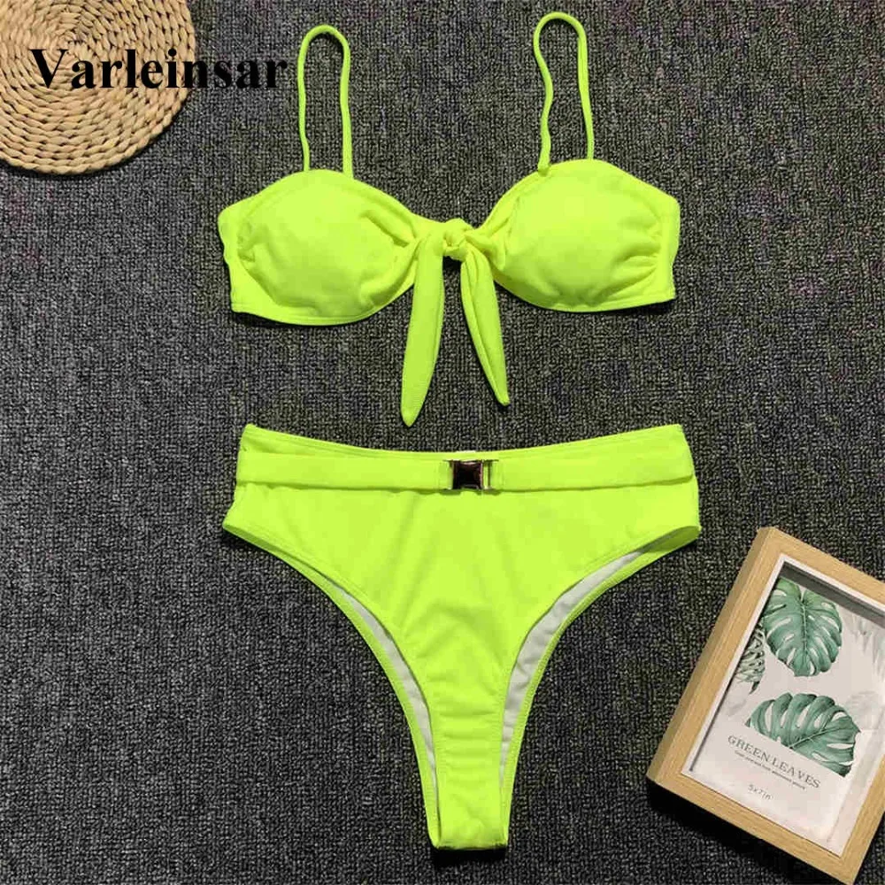 Neon Green Ribbed Swimsuit Female High Waist Bikini 2019 Women Swimwear