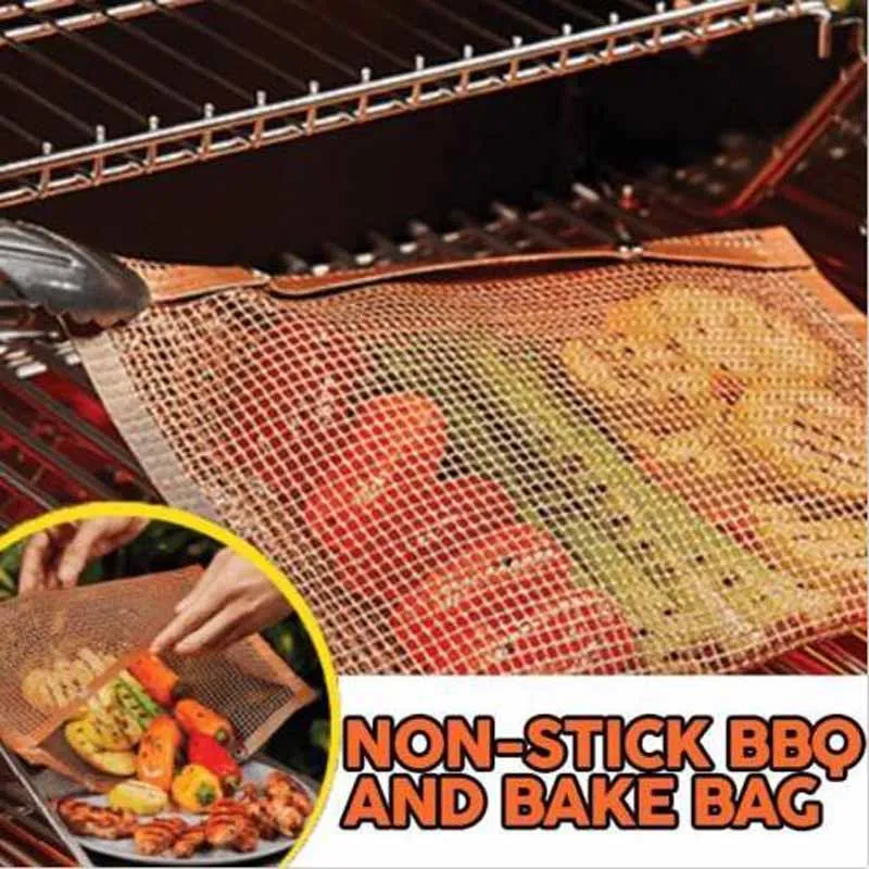 

Non-stick Mesh BBQ Bake Bag Grilling & Baking Grill Mat Reusable and Easy to Clean Baked Oven Crisper Bag Copper Color 2 Sizes
