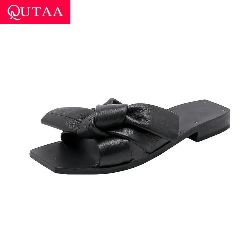 

QUTAA 2019 Women Sandals Square Low Heel Butterfly-Kno Fashion Open-toed Cow Leather Slingback Casual Ladies Shoes Size 34-39