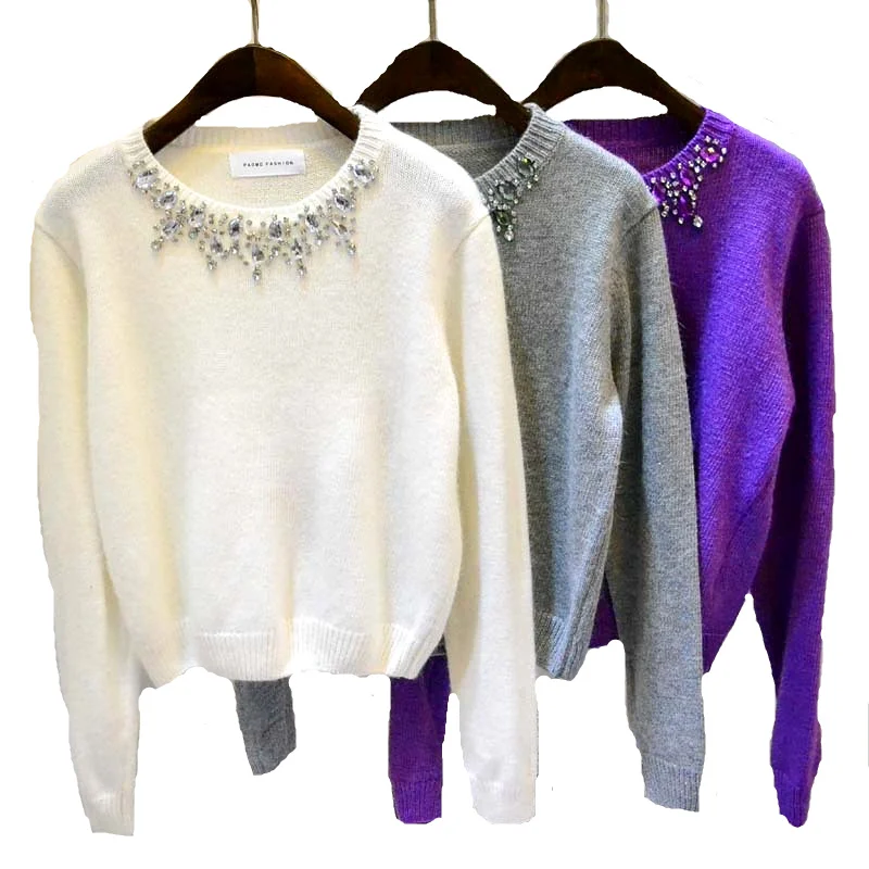 

New Autumn round neck sweater fashion collar mouth beaded solid color knit sweater sleeve head bottoming female Women's sweater