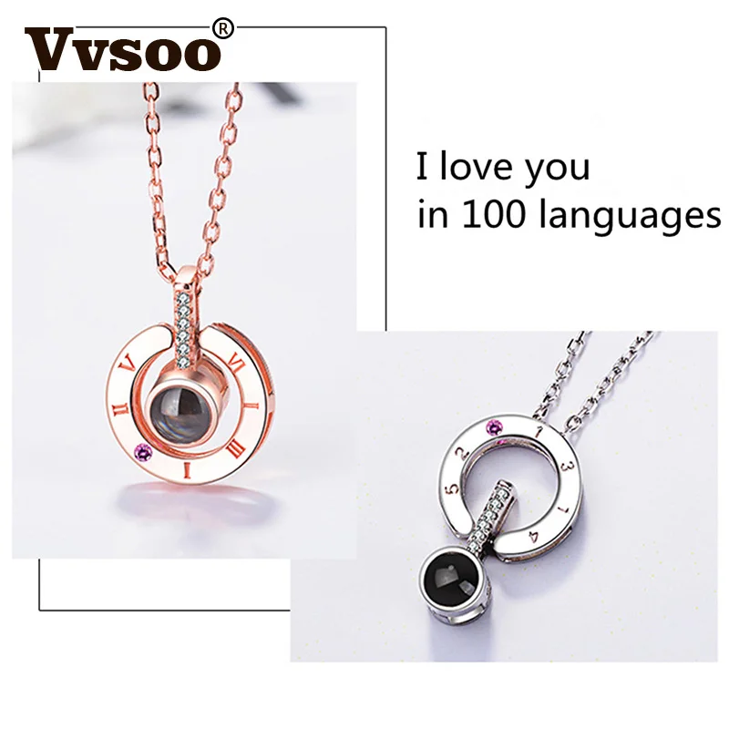

Vvsoo Golden/Silver 100 Languages I Love You Projection Pendant Necklace Valentine's Day Present Party Favor