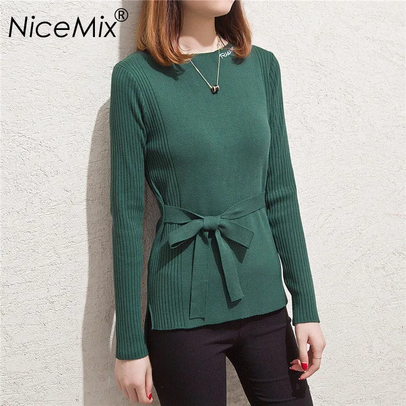 

NiceMix 2019 Winter Elegant Solid Sweater Women Casual O-neck Knitted Pullovers Slim Bandage Knitwear Sweaters Jumper Tops