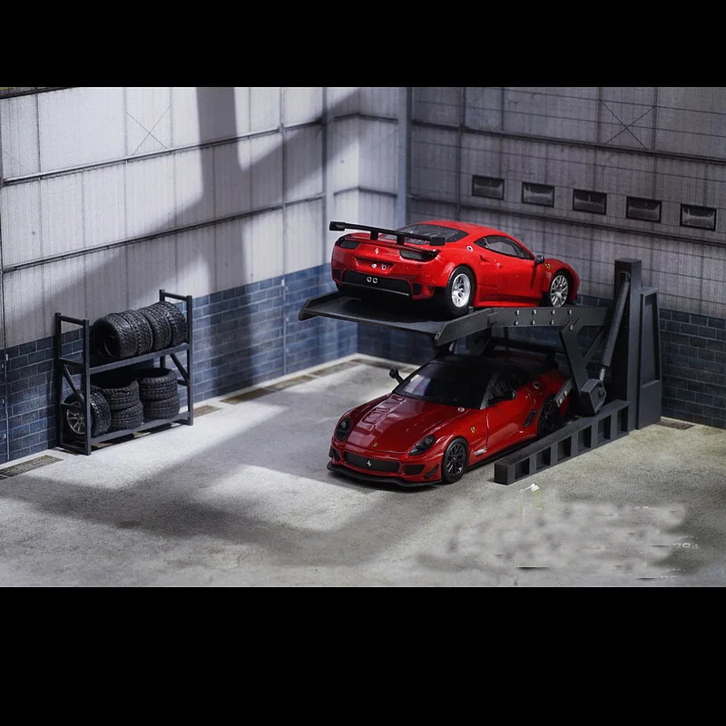  1:64 Garage Repair Shop Scene Accessories Parking Lot Shelf Lift Tire Frame plastic material