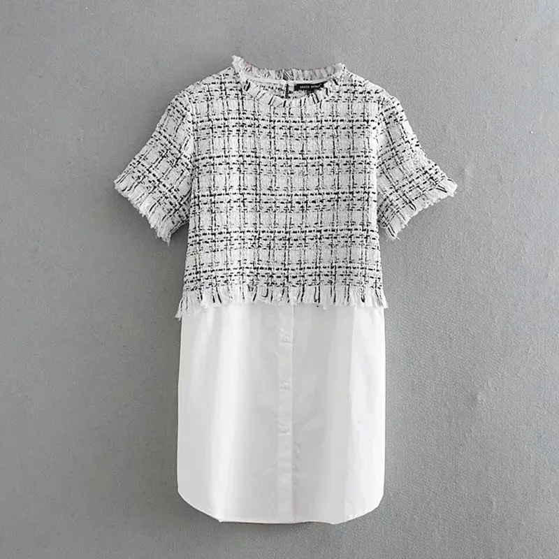 

Summer Women Woollen Patchwork Dress Baggy Dress Women Elegant O-Neck Knee-Length Spring Casual Dress Straight Sundress