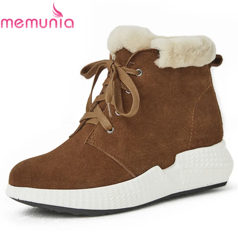 

MEMUNIA 2018 top quality cow suede leather winter snow boots round toe lace up comfortable flat shoes wool ankle boots ladies