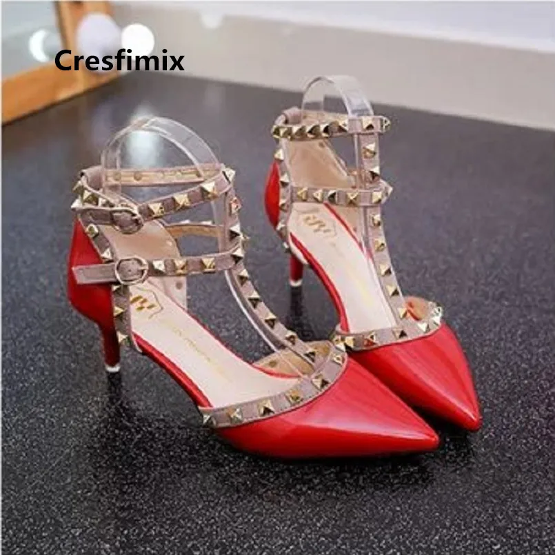 

Cresfimix tacones altos women casual high quality black pu leather high heel shoes lady cool red comfortable high heels c3243