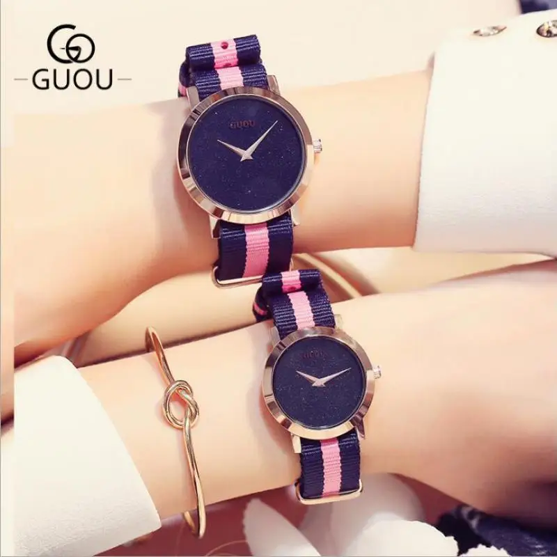 

GUOU New Rose Gold Shell Japan Core Nylon Band Pink Red White Quartz Bracelet Wrist Watch Wristwatches for Ladies Women GU003