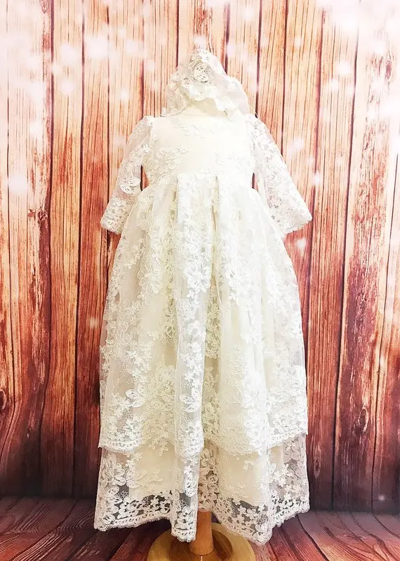 Long Sleeves Two Layered Tulle Lace Baby Girls Christening Gown O Neck Dress Infant Girls Baptism Dress size 3 6 9 15 24month