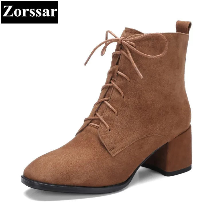 

{Zorssar} 2017 Winter Woman shoes Fashion lace up Kid Suede high heels short Boots comfort Square Heel women ankle Martin boots